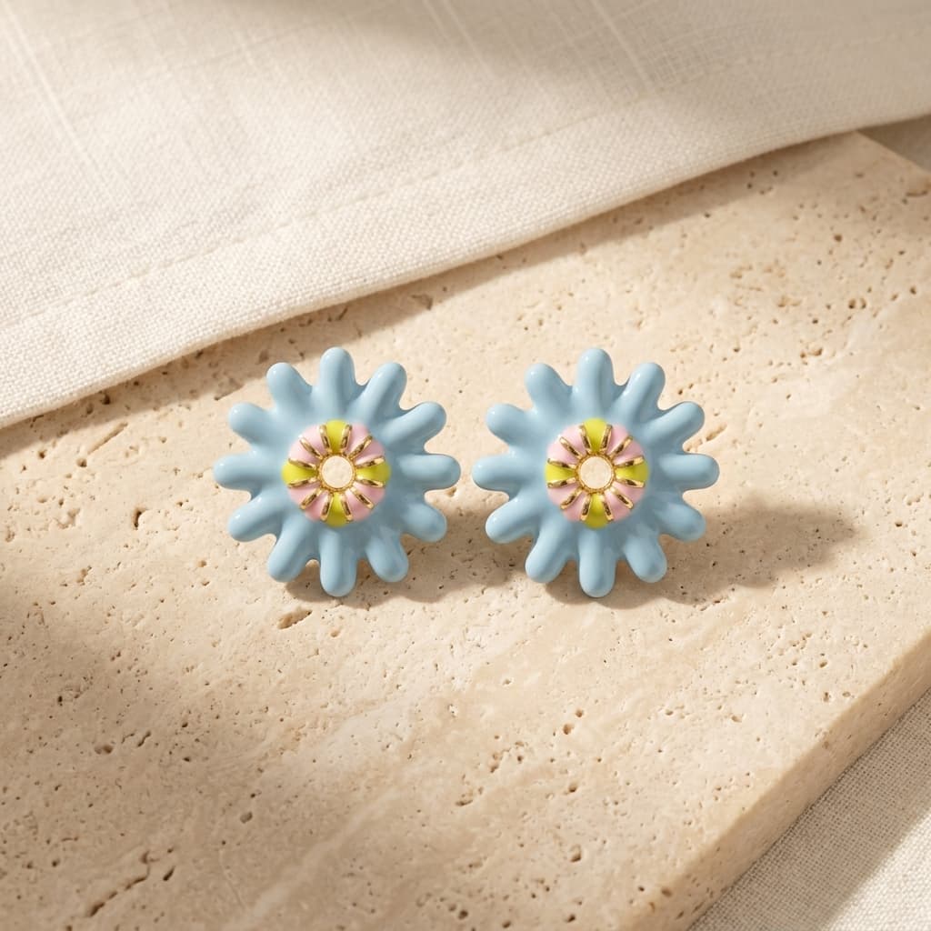 Barcelona Daisy Mavi Çiçek Küpe
